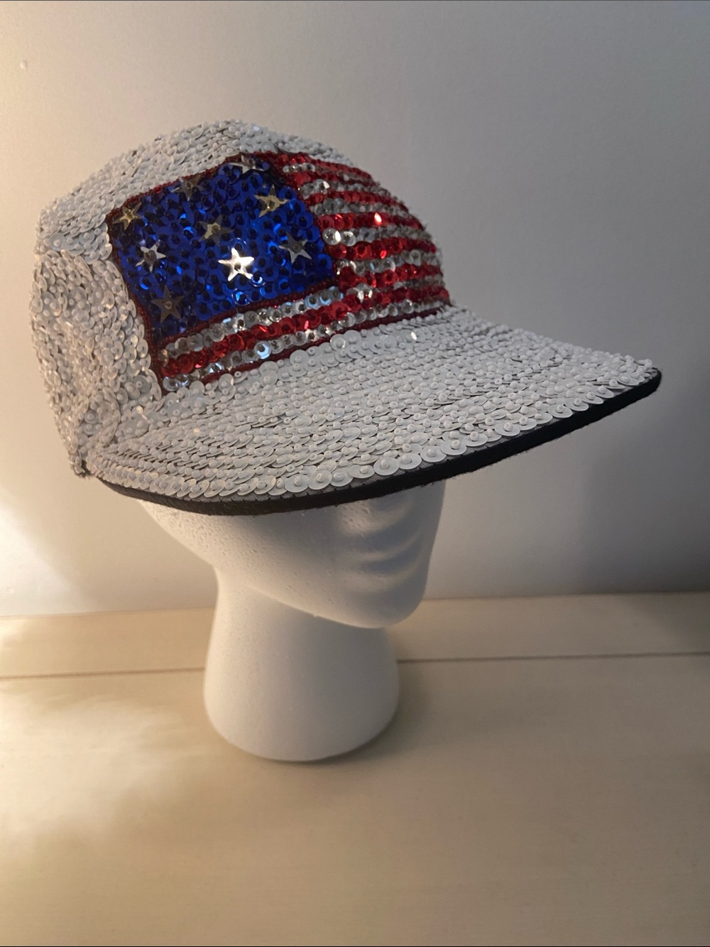 Sequin USA American Flag Baseball Hat White Red Blue Silver One Size Fits Most